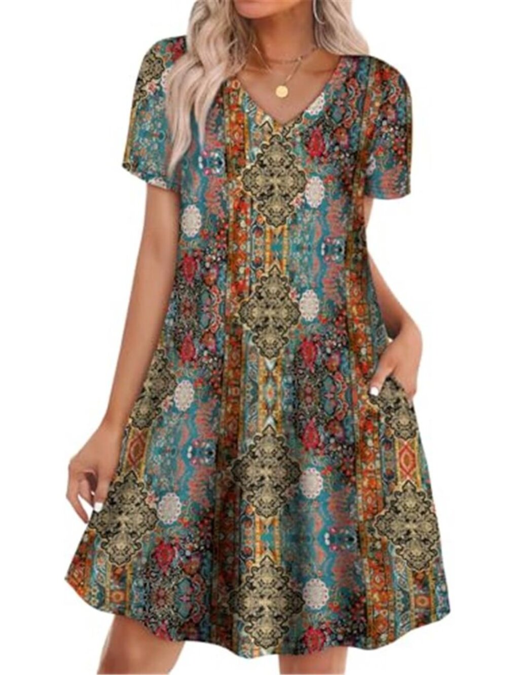 WIHOLL Boho Print T-Shirt Dress V-Neck Swing Dress with Pockets